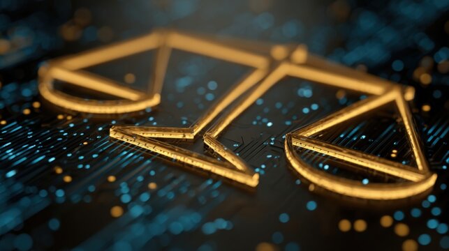 Golden Scales of Justice Symbolizing Law, Legal System, Jurisprudence, and Digital Technology Integration, Futuristic Courtroom