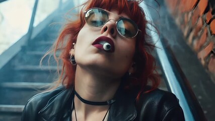 Marijuana cannabis topic concept. A woman with red hair and sunglasses smoking a cigarette, wearing a black leather jacket and choker necklace. - Powered by Adobe