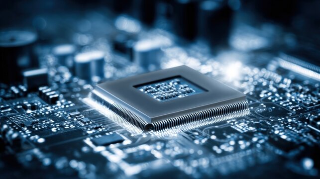 Semiconductor Chip on Circuit Board Close-Up, High Tech Technology, Computer, Engineering, Hardware