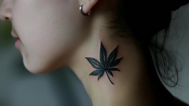 Marijuana cannabis topic concept. A closeup of a persons neck and upper neck, with a black cannabis leaf tattoo on the neck. The person is wearing a nose ring and has a serene expression.