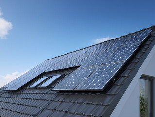 Solar panels installed on roof of modern house under blue sky