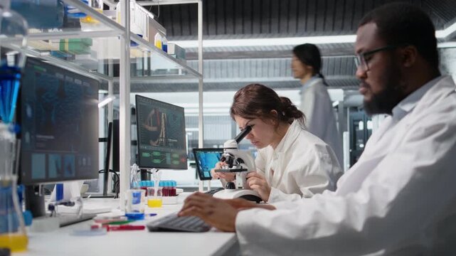 Zoom in on histology technician in lab using scientific microscope for cellular analysis. Woman studies microorganisms inside modern research facility with optical device equipment, camera A