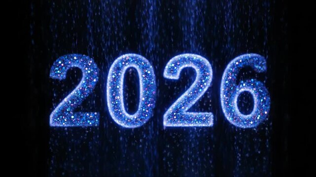 Blue glittery number twenty twenty six on black background for new year celebration and future concept