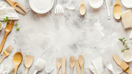 Empty Table Setting with Wooden and White Utensils and Dishes on Light Gray Surface