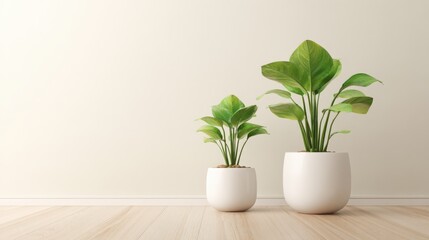 Obraz premium Minimalist Interior Design: Two Lush Green Potted Plants Against a Neutral Wall and Wood Floor Background