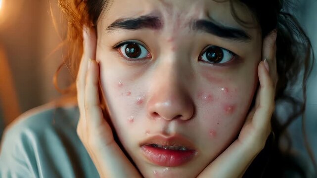 Allergy. A closeup portrait of a young woman with a distressed expression. She has freckles and is wearing a lightcolored top. The background is blurred.