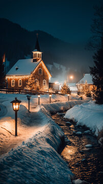 Snow Covered Village Church Illuminated at Night in a Peaceful Winter Landscape