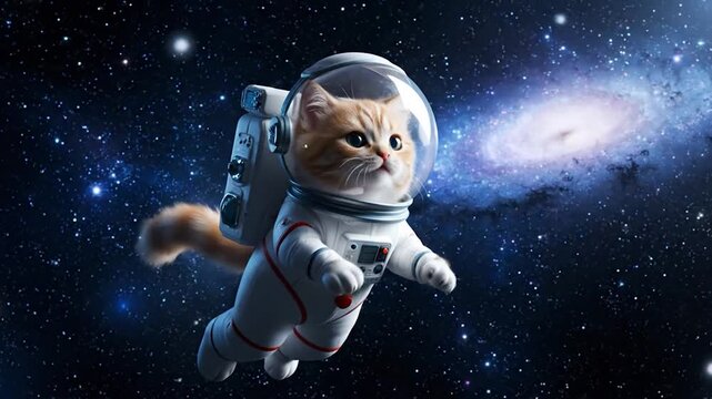 A fluffy orange tabby cat in an astronaut suit floats in space with a galaxy backdrop