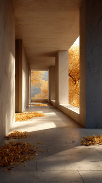 Modern Minimalist Concrete Corridor with Autumn Landscape and Warm Natural Light