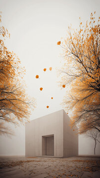 Minimalist White Architecture Framed by Golden Autumn Trees and Falling Leaves