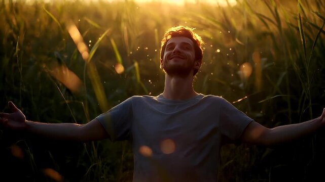 Spring pollen season. Allergy. A man in a field of tall grass during sunset with his arms outstretched, eyes closed, and a serene expression on his face.