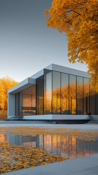 Modern Glass Building Surrounded by Autumn Trees in Soft Daylight