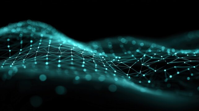Abstract Network Connection Structure with Turquoise Glowing Dots and Lines on a Dark Background - Powered by Adobe