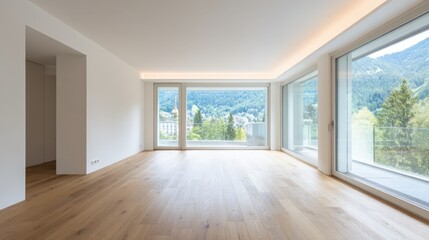 Fototapeta premium Bright Modern Empty Room Interior with Large Windows and Wooden Floors, Overlooking Mountain Scenery