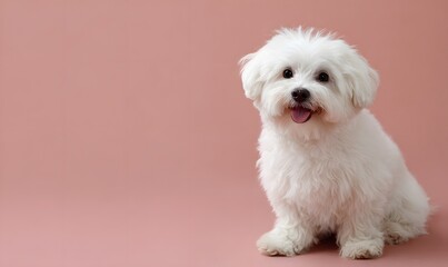A happy white Bichon Maltese dog sitting on a sweet baby pink background