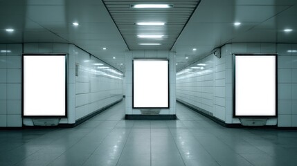 Fototapeta premium Subway Tunnel Advertising Space: Three Blank White Billboards for Mockup, Advertisement, and Informational Signage Display