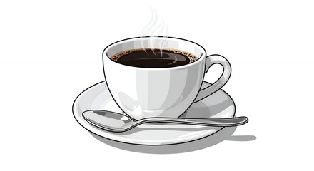 Steaming Black Coffee in White Ceramic Cup with Saucer and Silver Spoon