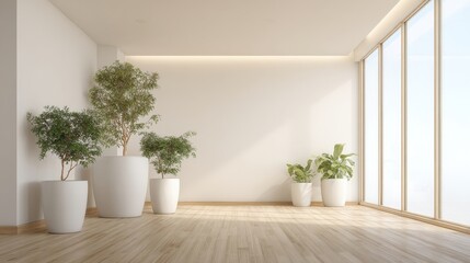 Fototapeta premium Bright Empty Room with Potted Plants and Large Windows, Minimalist Interior Design, Natural Light