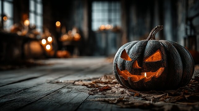 Carved pumpkin with glowing face sits on wooden floor in dark room.