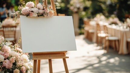 Elegant Wedding Welcome Sign Mockup with Floral Decoration and Outdoor Setting on a Sunny Day