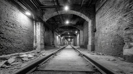 Monochrome Railroad Tunnel: An Atmospheric Perspective of Urban Exploration and Industrial Heritage