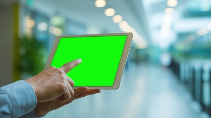 Hands Using Tablet with Green Screen Display in Modern Office Setting for Technology Mockups