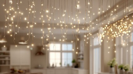 Ambient Lighting: Golden String Lights Decorating a Modern Kitchen Interior, Creating a Warm and Festive Atmosphere