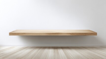 Floating Wooden Shelf on White Wall with Wood Floor, Display Product Mockup, Interior Design, Copy Space