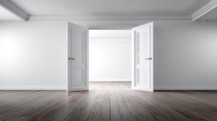 Bright Minimalist Room with Open Doors Revealing a Luminous Space, Featuring Wooden Floors and White Walls