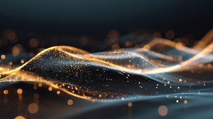 Abstract Digital Wave Background with Golden Particle Stream and Soft Blue Accents - Modern Technology Backdrop