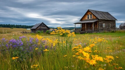 Rustic Cabin Amidst a Blooming Meadow with Wildflowers Under a Dramatic Sky in Rural Landscape