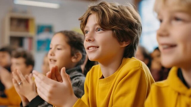 Generative AI. Young boy in yellow sweater smiles and claps enthusiastically while sitting in classroom with peers, showcasing joy and engagement in learning environment