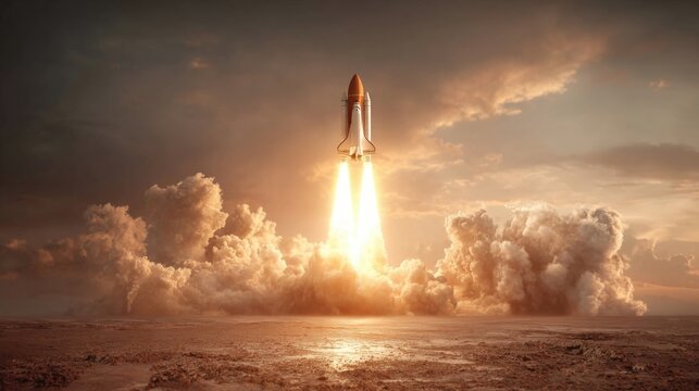Dramatic Space Shuttle Launch Against a Stormy Sky, Symbolizing Innovation and Technological Advancement