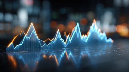 Abstract Financial Graph with Glowing Orange and Blue Peaks Visualizing Data Trends and Market Analysis