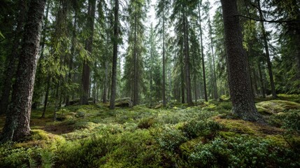 Obraz premium Lush Green Forest Landscape with Tall Trees, Moss Covered Ground, and Natural Light