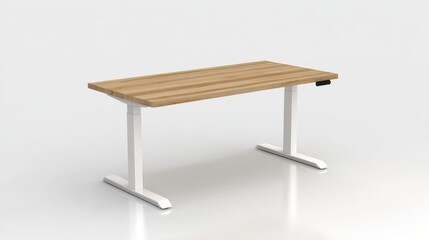 Fototapeta premium Ergonomic Sit-Stand Desk with Adjustable Height and Wood Tabletop, Modern Office Furniture Design