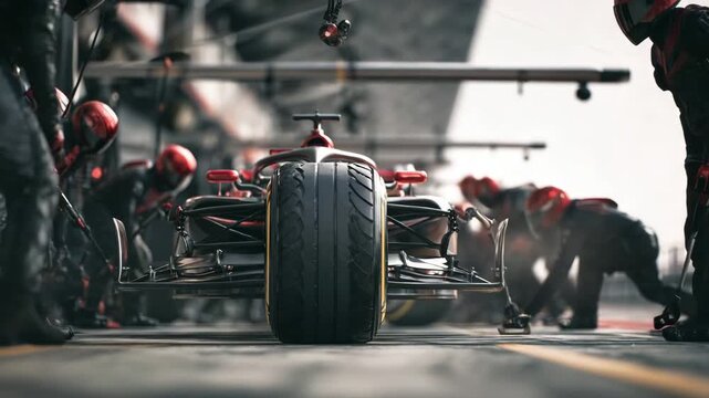 Formula racing car in pit stop with team members performing tire change and maintenance tasks