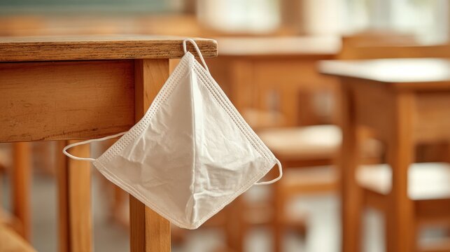 School Safety: Medical Mask Hanging on Desk in Classroom During Pandemic Outbreak