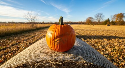 Bright Orange Pumpkin Sitting on Hay Bale in Harvest Field Under Clear Blue Sky
