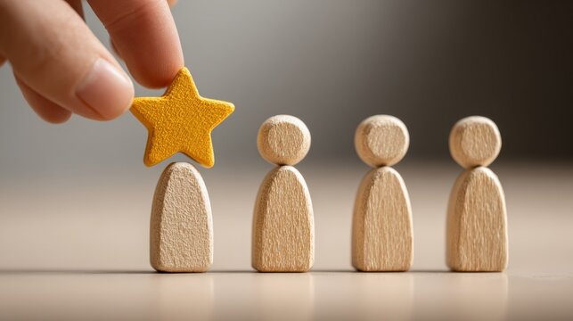 Hand placing star on wooden figure, showcasing talent acquisition, leadership, recognition, and employee performance