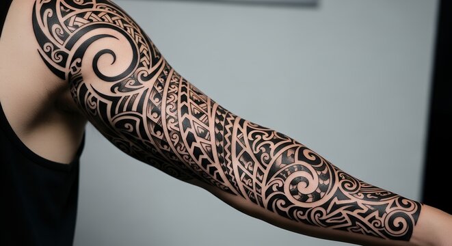 Detailed Tribal Polynesian Tattoo Sleeve on Arm in Black Ink with Bold Geometric and Swirling Patterns