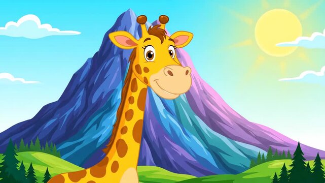 Cartoon giraffe and mountain landscape illustration