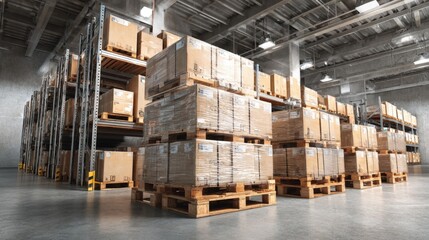 Warehouse Interior with Palletized Cardboard Boxes and Shelving, Logistics and Distribution Center Operation