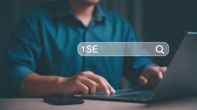 SEO search engine optimization concept, marketing ranking traffic website, internet technology for business company. Businessman using laptop with search bar on virtual screen