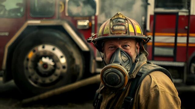 A firefighter with a gas mask and helmet stands in front of a fire truck. The firefighters face is partially obscured by the helmets visor, and he has a focused expression.