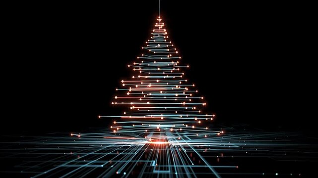 Dynamic orange and blue Christmas tree with radiant light lines and sparks on dark backdrop, blending warm glow with cool tones. Abstract digital art for holiday innovation visuals. No people
