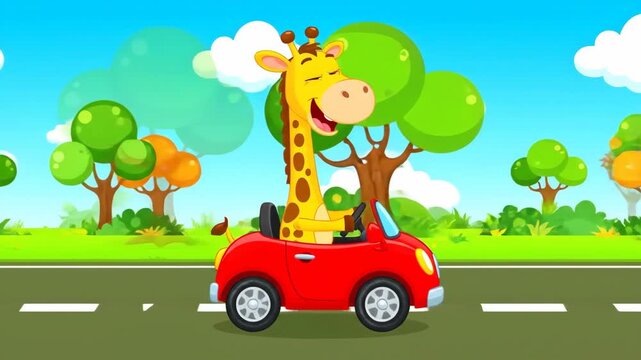 Cartoon giraffe driving a red car on a sunny day beside trees
