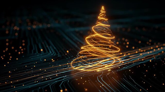 Glowing golden Christmas tree formed by light trails on dark blue circuit board background, blending holiday festivity with digital tech elements. Abstract 3D render, futuristic vibe. No people