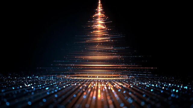 Elegant orange spiral Christmas tree with radiant light streaks on deep blue starry base, creating magical holiday aura. Abstract glowing design for seasonal tech themes. No people
