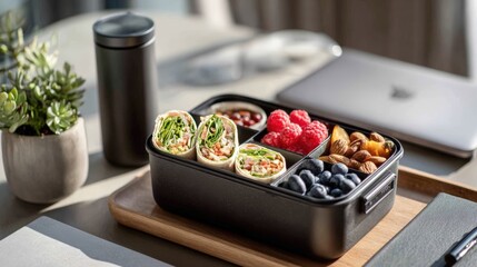 Healthy Office Lunch: Wraps, Berries, and Nuts in Bento Box with Laptop